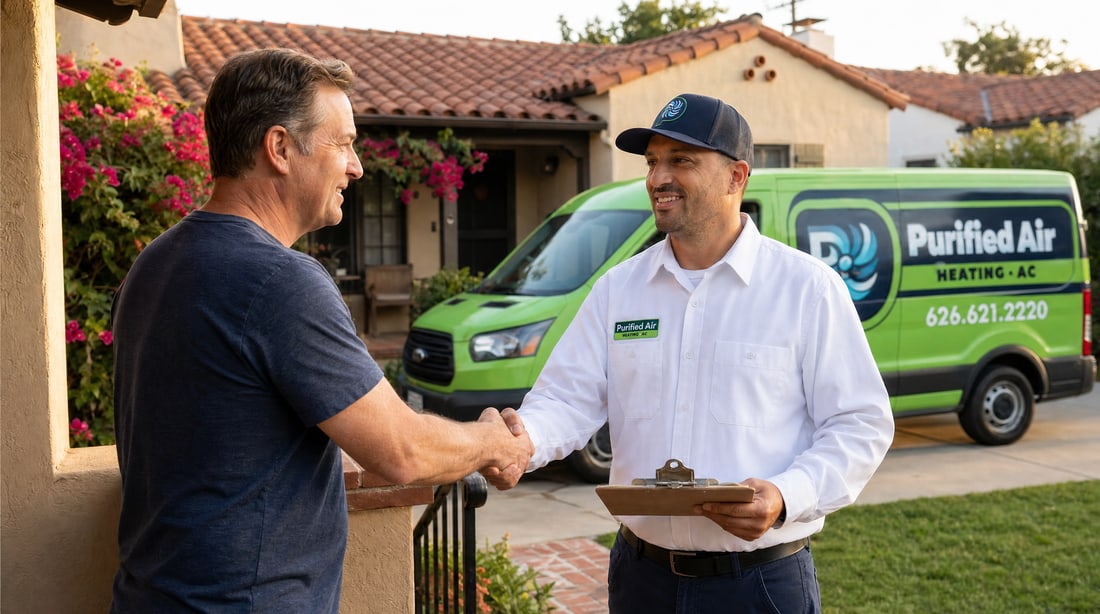 A Purified Air technician greeting a homeowner, with the Purified Air van in the driveway